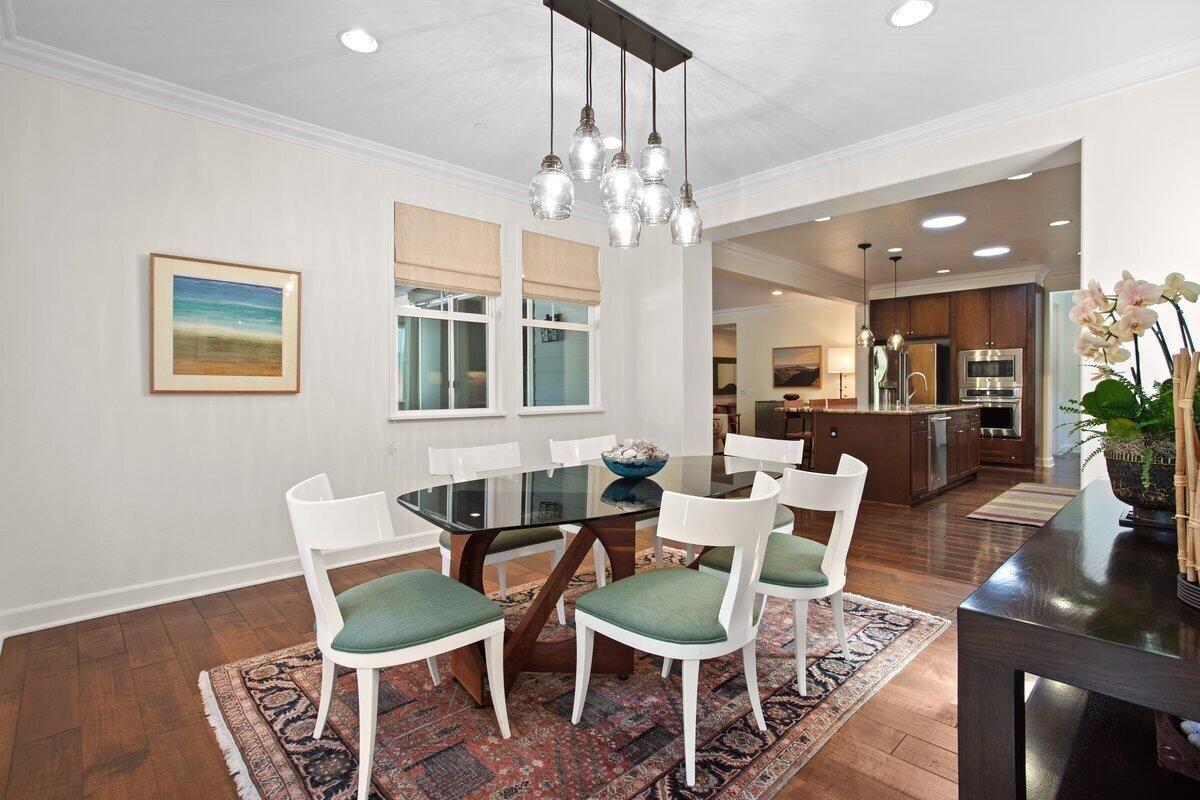 Dining room, Interior, Kitchen, Pendant Lights, Recessed Lighting, Stainless Steel Appliances, Wood Texture Flooring