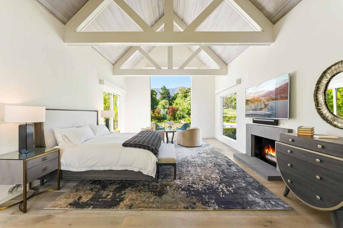 Bedroom, Fireplace, Interior, Wood Texture Flooring