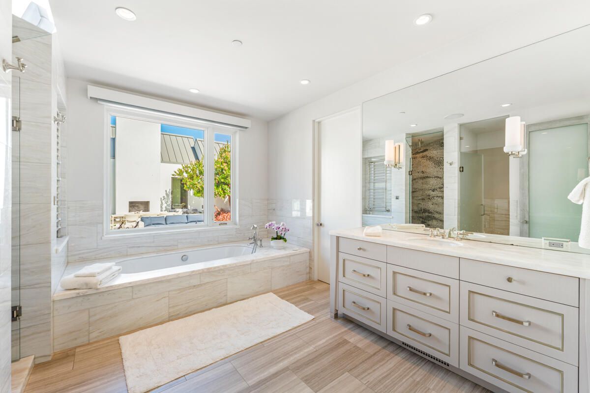 Bathroom, Dual Sink Vanities, Glass Shower, Interior, Recessed Lighting, Wood Texture Flooring