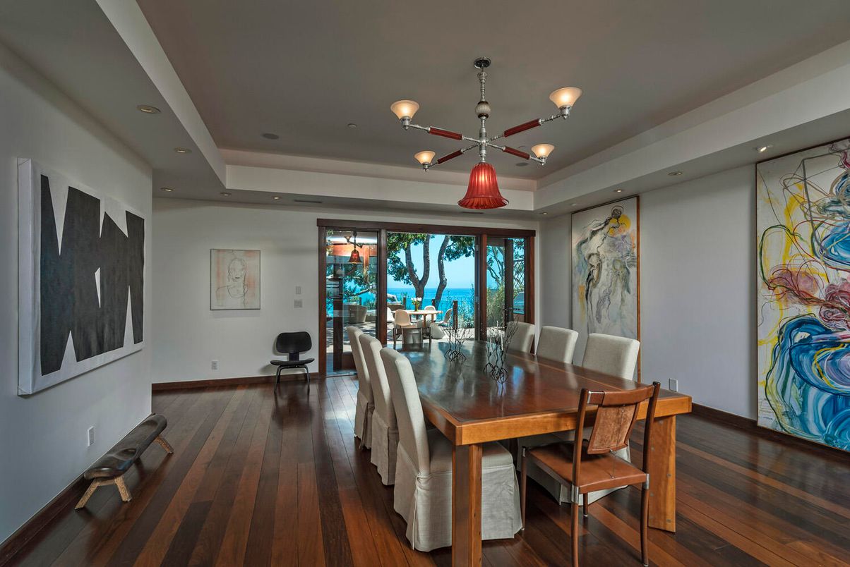 Dining room, Interior, Pendant Lights, Recessed Lighting, Water, Wood Texture Flooring