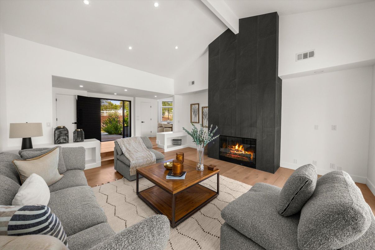 Fireplace, Interior, Living room, Recessed Lighting, Wood Texture Flooring