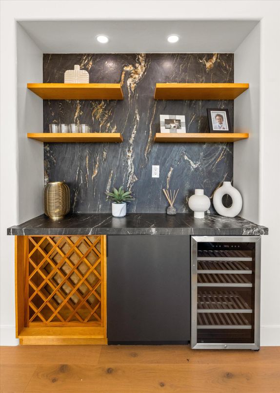 Interior, Marble Walls, Recessed Lighting, Wine Storage, Wood Texture Flooring