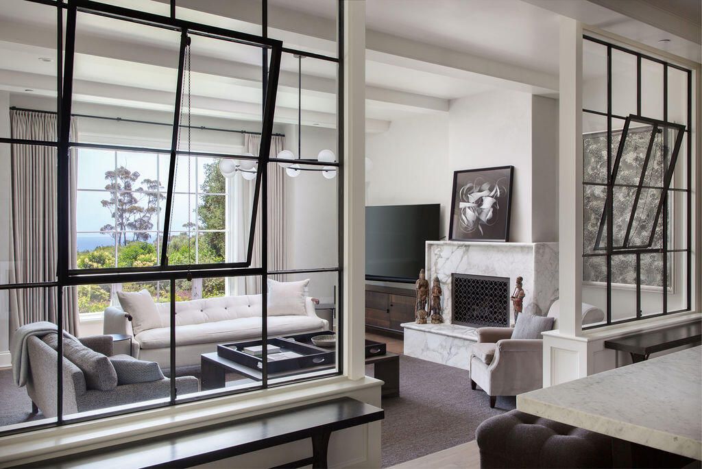 Fireplace, Interior, Living room, Pendant Lights, Water