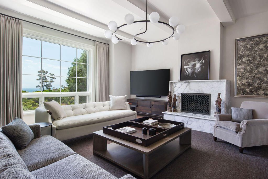 Fireplace, Interior, Living room, Pendant Lights, Water