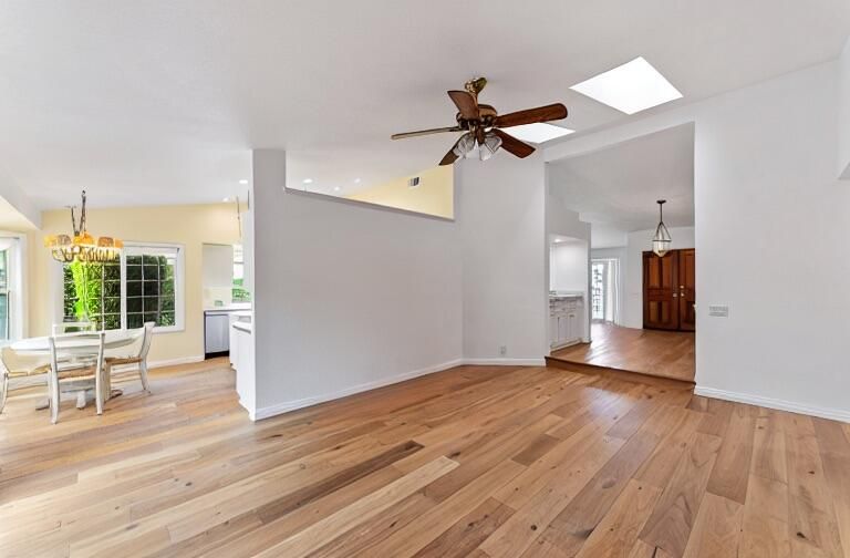 Chandelier, Dining room, Empty room, Interior, Pendant Lights, Recessed Lighting, Wood Texture Flooring