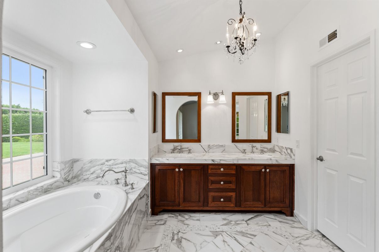 Bathroom, Chandelier, Dual Sink Vanities, Interior, Marble, Recessed Lighting