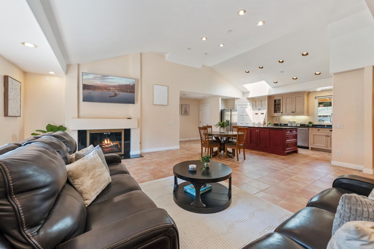 Dining room, Fireplace, Interior, Kitchen, Living room, Recessed Lighting