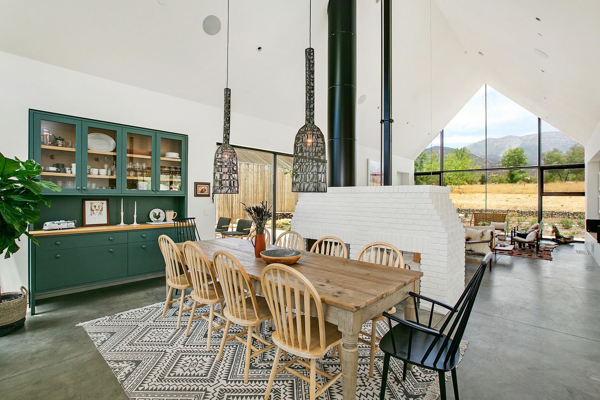 Dining room, Fireplace, Interior, Pendant Lights