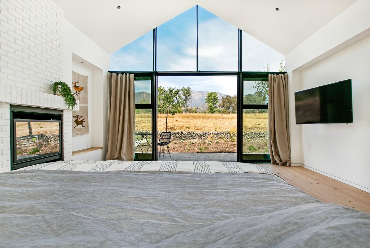 Bedroom, Fireplace, Interior, Recessed Lighting, Wood Texture Flooring