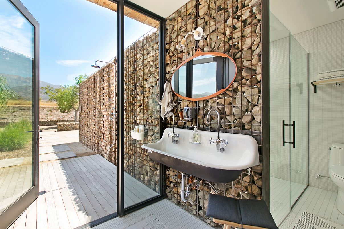 Bathroom, Interior, Stone Walls, Wood Texture Flooring