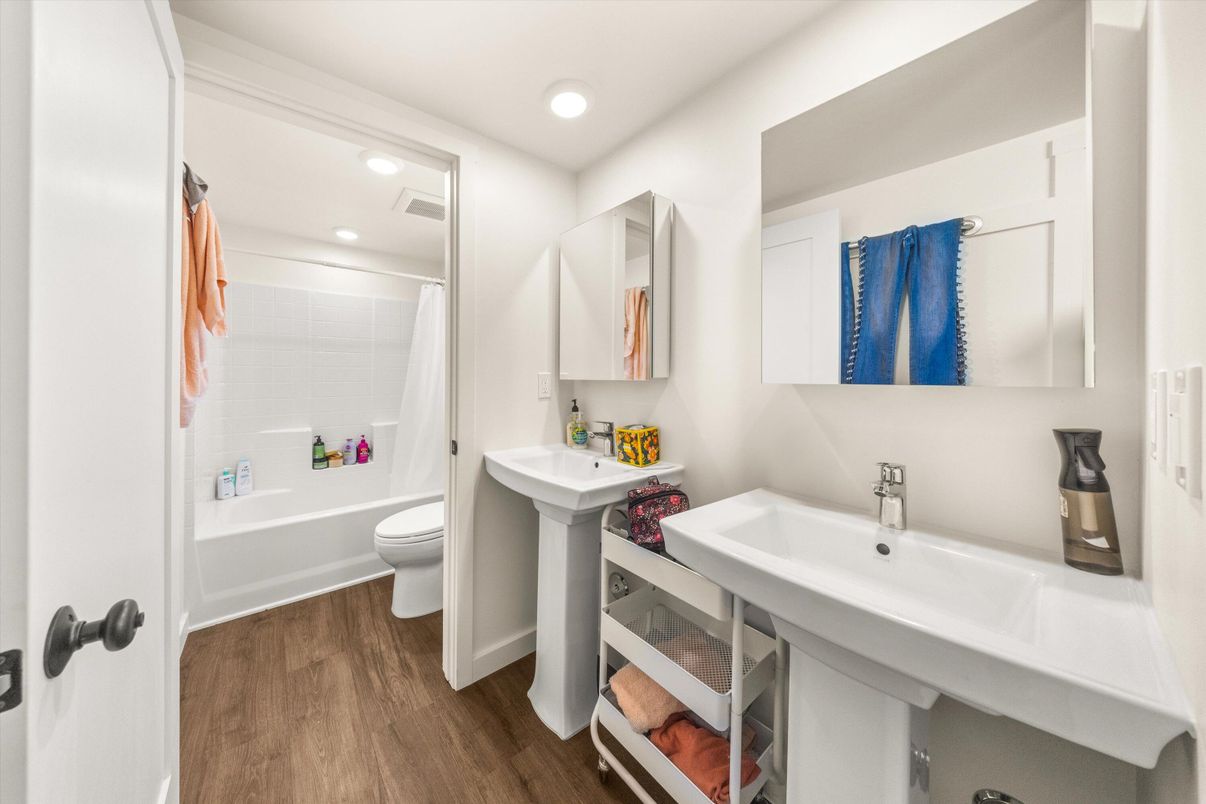 Bathroom, Interior, Recessed Lighting, Wood Texture Flooring