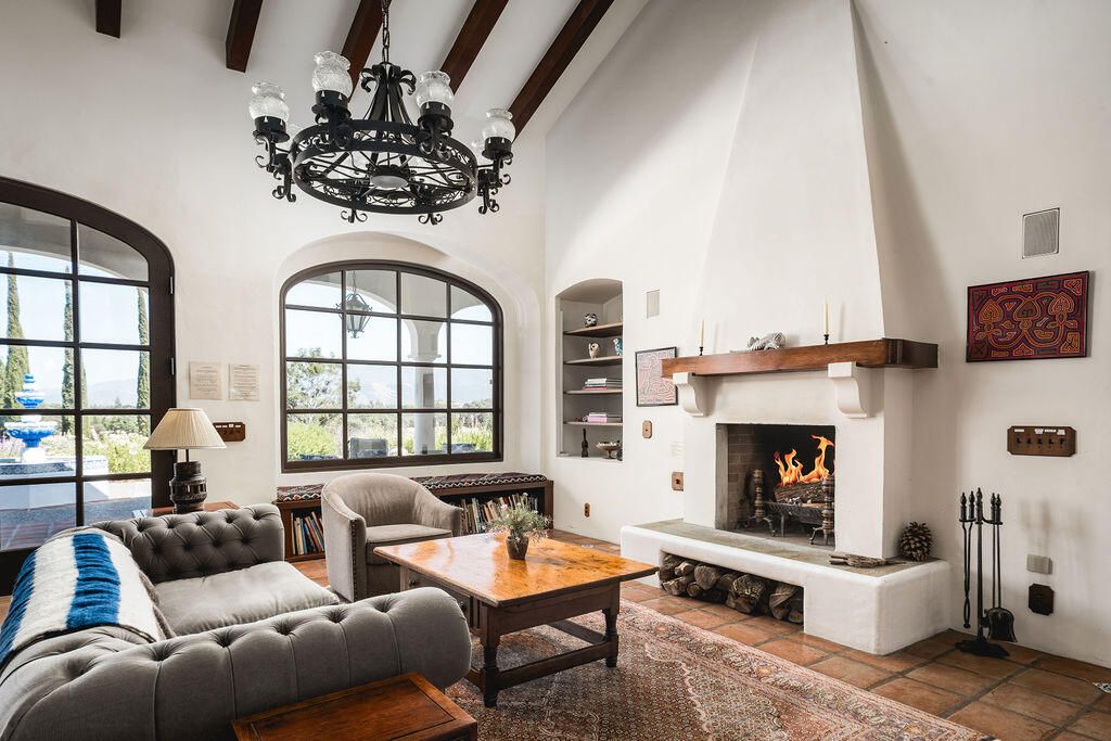 Chandelier, Fireplace, Interior, Living room, Wooden Beams