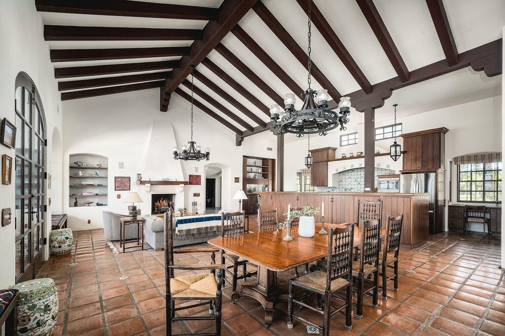 Chandelier, Dining room, Fireplace, Interior, Living room, Pendant Lights, Wooden Beams