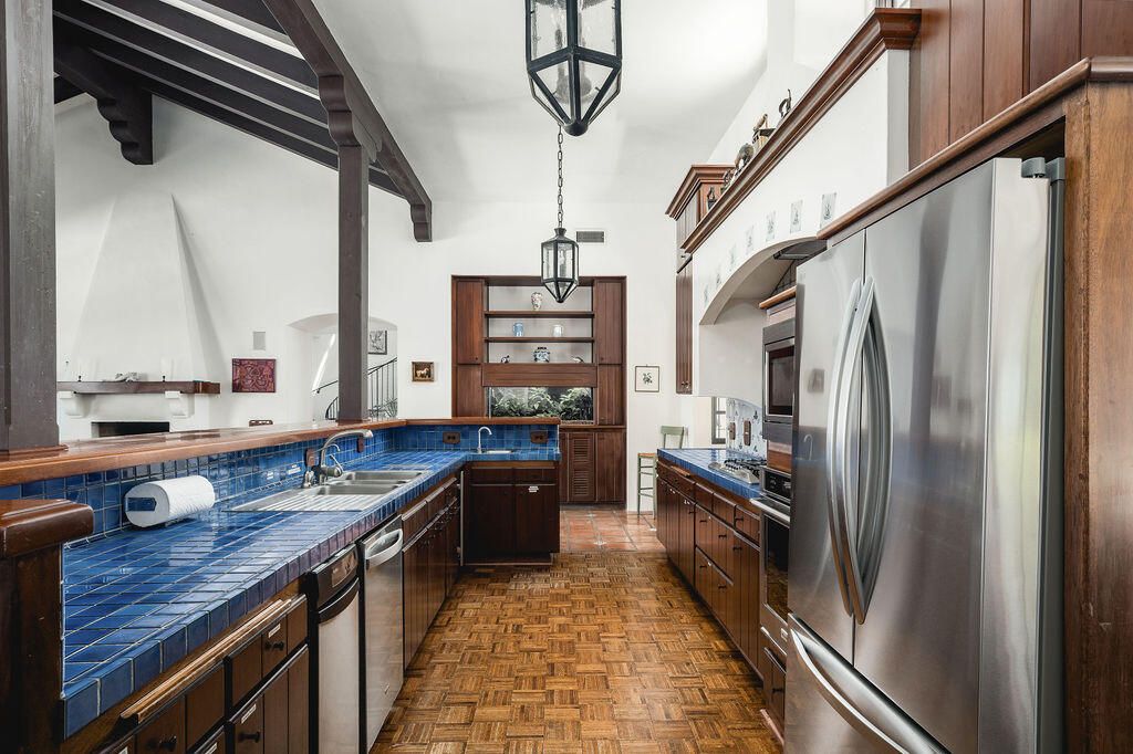 Interior, Kitchen, Pendant Lights, Stainless Steel Appliances, Tile Countertops, Wood Texture Flooring