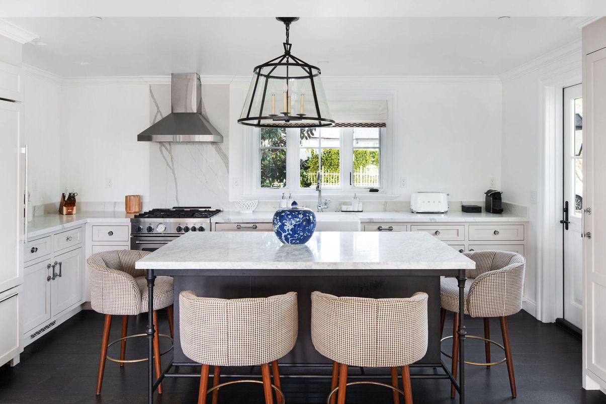 Interior, Kitchen, Marble Walls, Pendant Lights, Recessed Lighting, Wood Texture Flooring