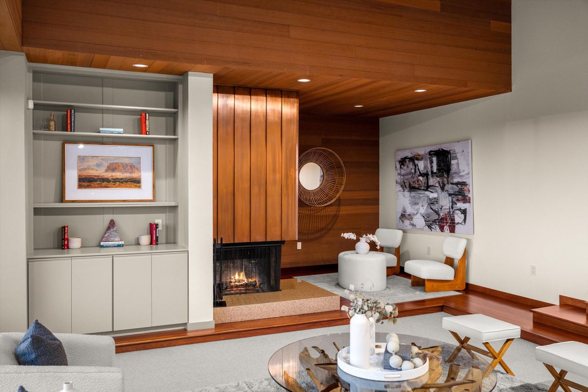 Fireplace, Interior, Living room, Recessed Lighting, Wooden Ceilings, Wooden Walls