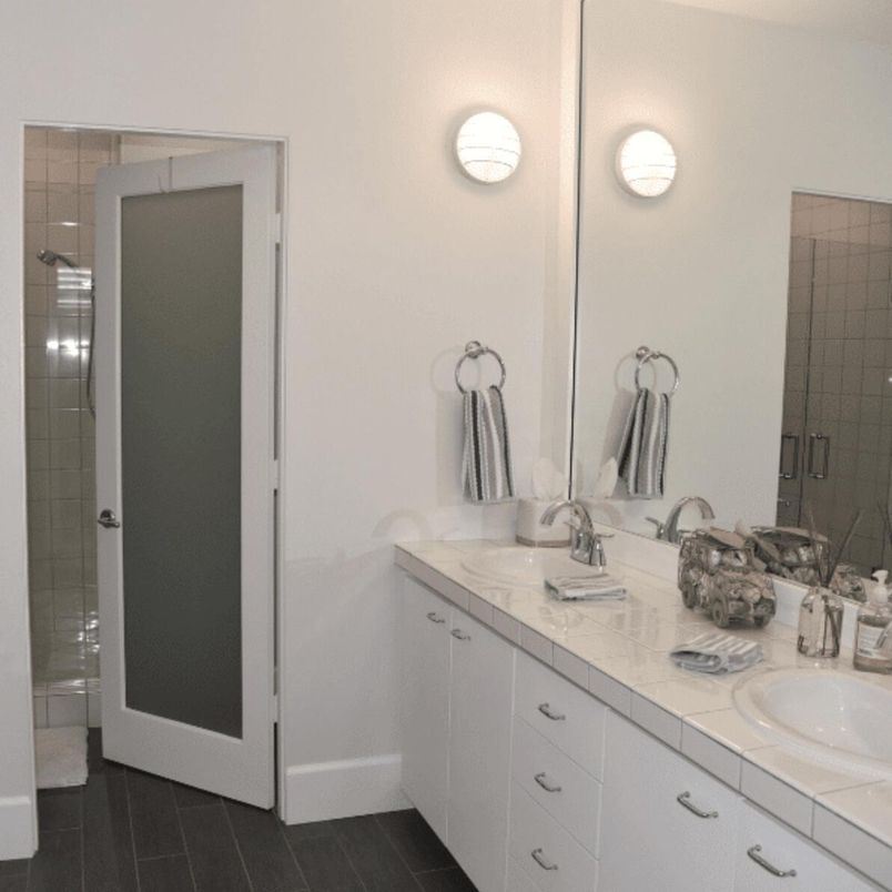 Bathroom, Dual Sink Vanities, Interior, Tile Countertops, Wood Texture Flooring