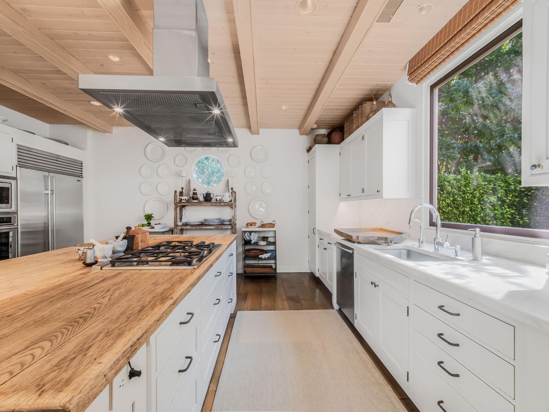 Interior, Kitchen, Recessed Lighting, Stainless Steel Appliances, Wooden Ceilings, Wood Texture Flooring