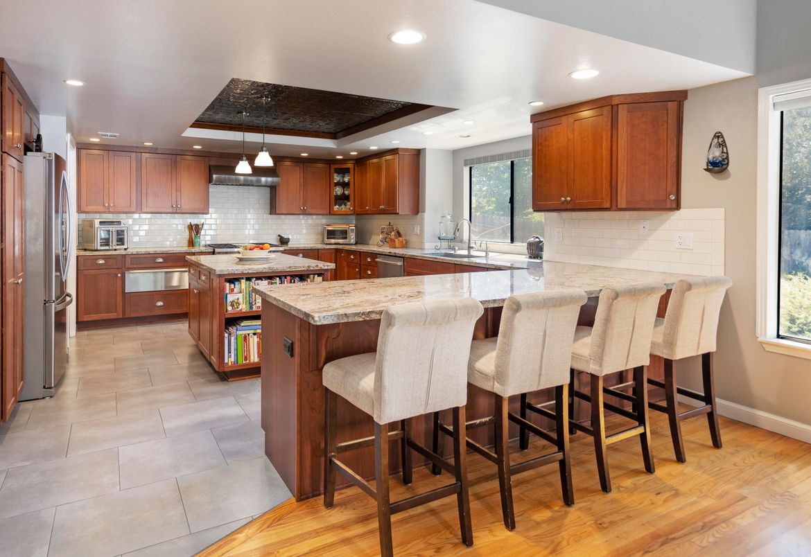 Interior, Kitchen, Pendant Lights, Recessed Lighting, Stainless Steel Appliances, Wood Texture Flooring