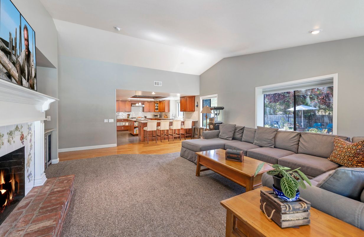 Dining room, Fireplace, Interior, Kitchen, Living room, Recessed Lighting, Wood Texture Flooring