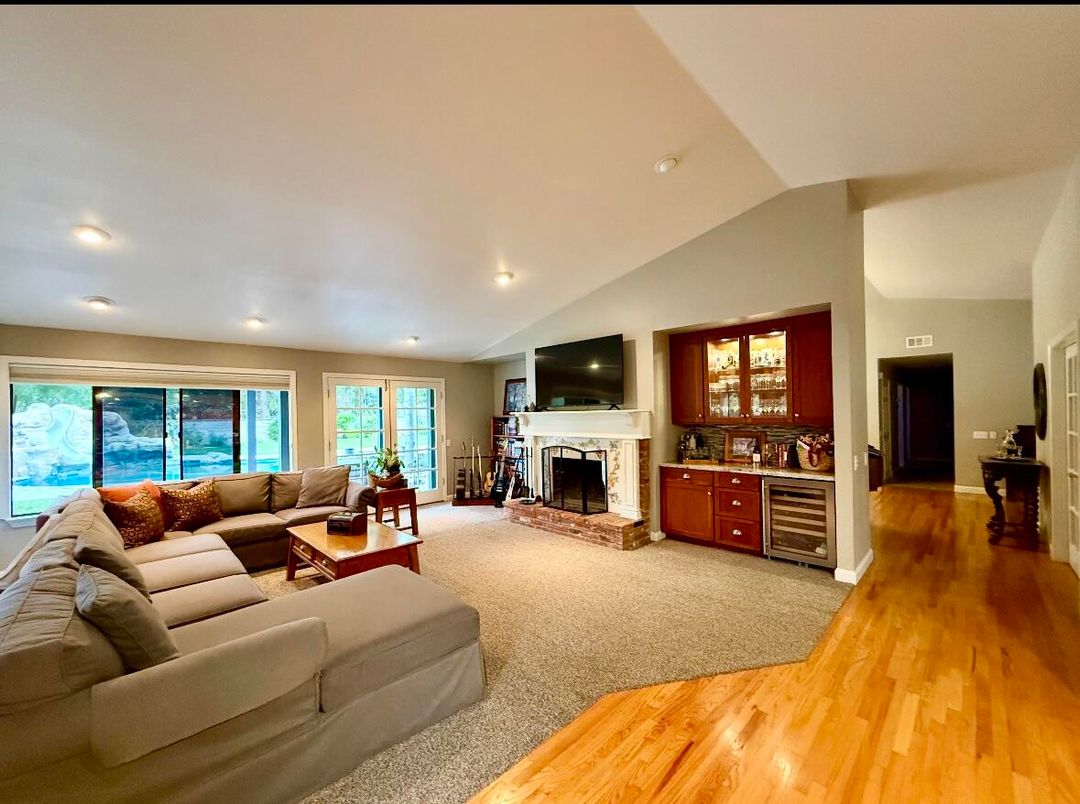 Fireplace, Interior, Living room, Recessed Lighting, Wood Texture Flooring