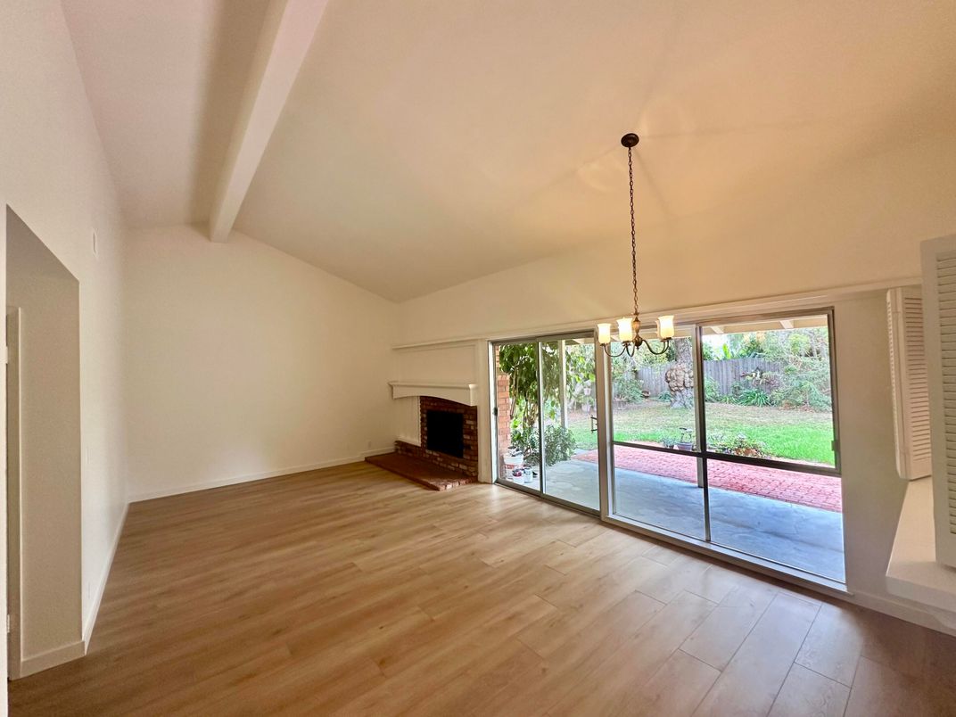 Chandelier, Empty room, Fireplace, Interior, Pendant Lights, Wood Texture Flooring