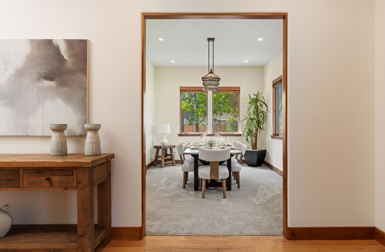 Dining room, Interior, Pendant Lights, Recessed Lighting, Wood Texture Flooring