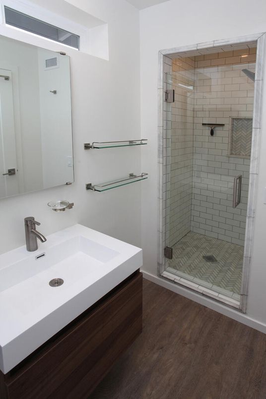 Bathroom, Glass Shower, Interior, Wood Texture Flooring