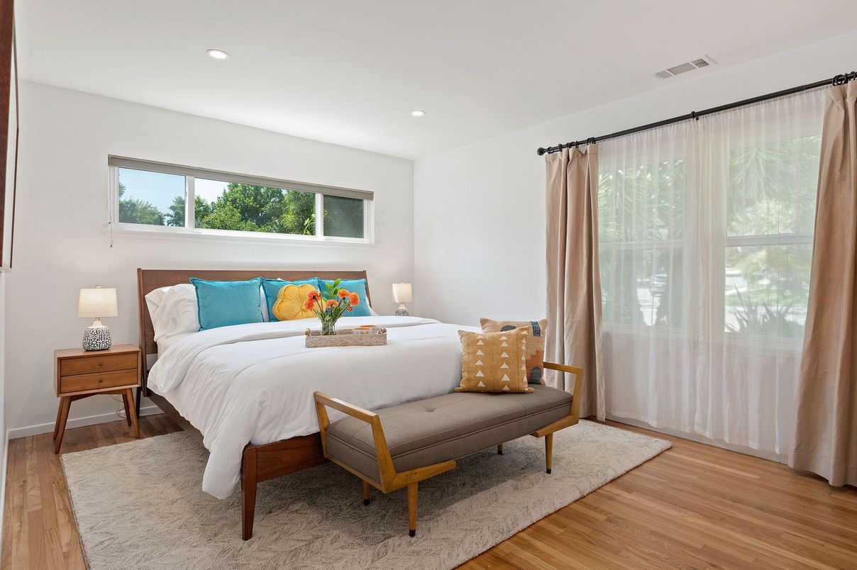 Bedroom, Interior, Recessed Lighting, Wood Texture Flooring
