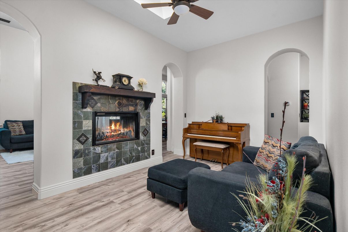 Fireplace, Interior, Living room, Piano, Wood Texture Flooring