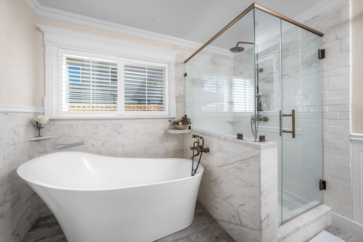 Bathroom, Free Standing Baths, Glass Shower, Interior, Marble Walls