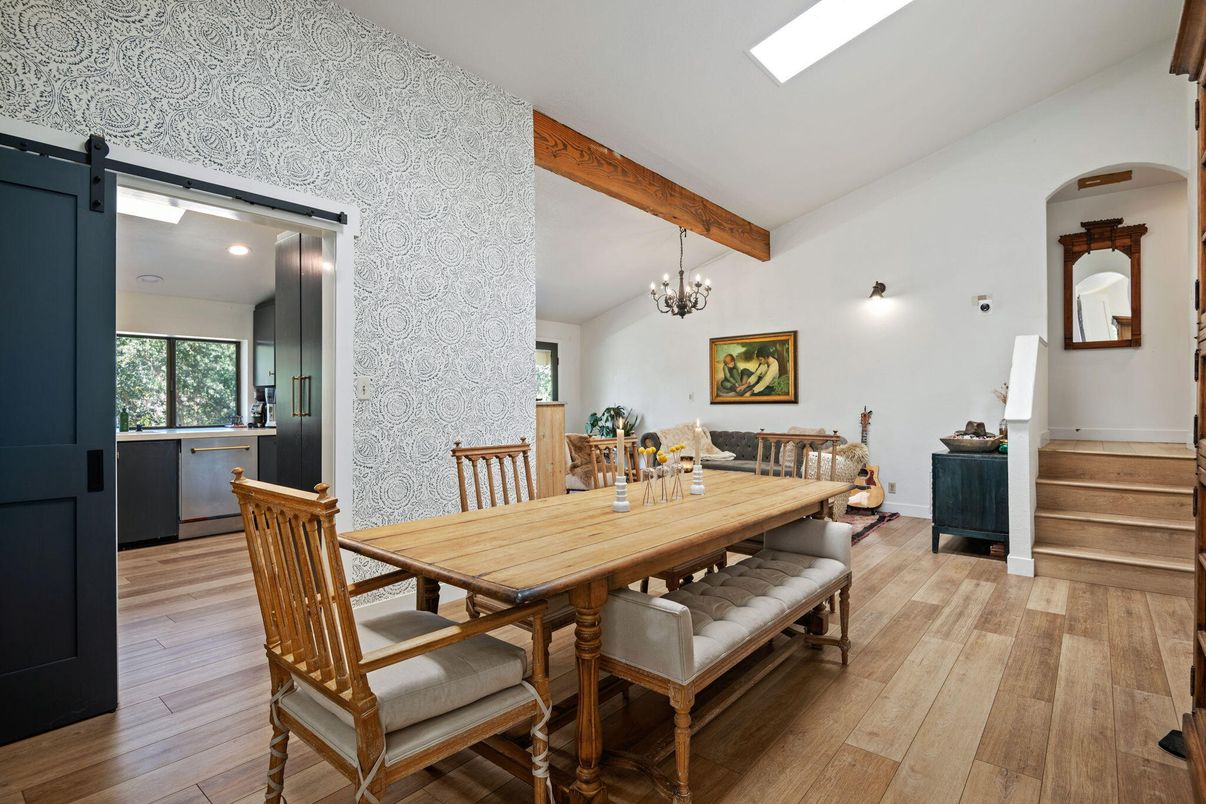 Chandelier, Dining room, Interior, Recessed Lighting, Wooden Beams, Wood Texture Flooring