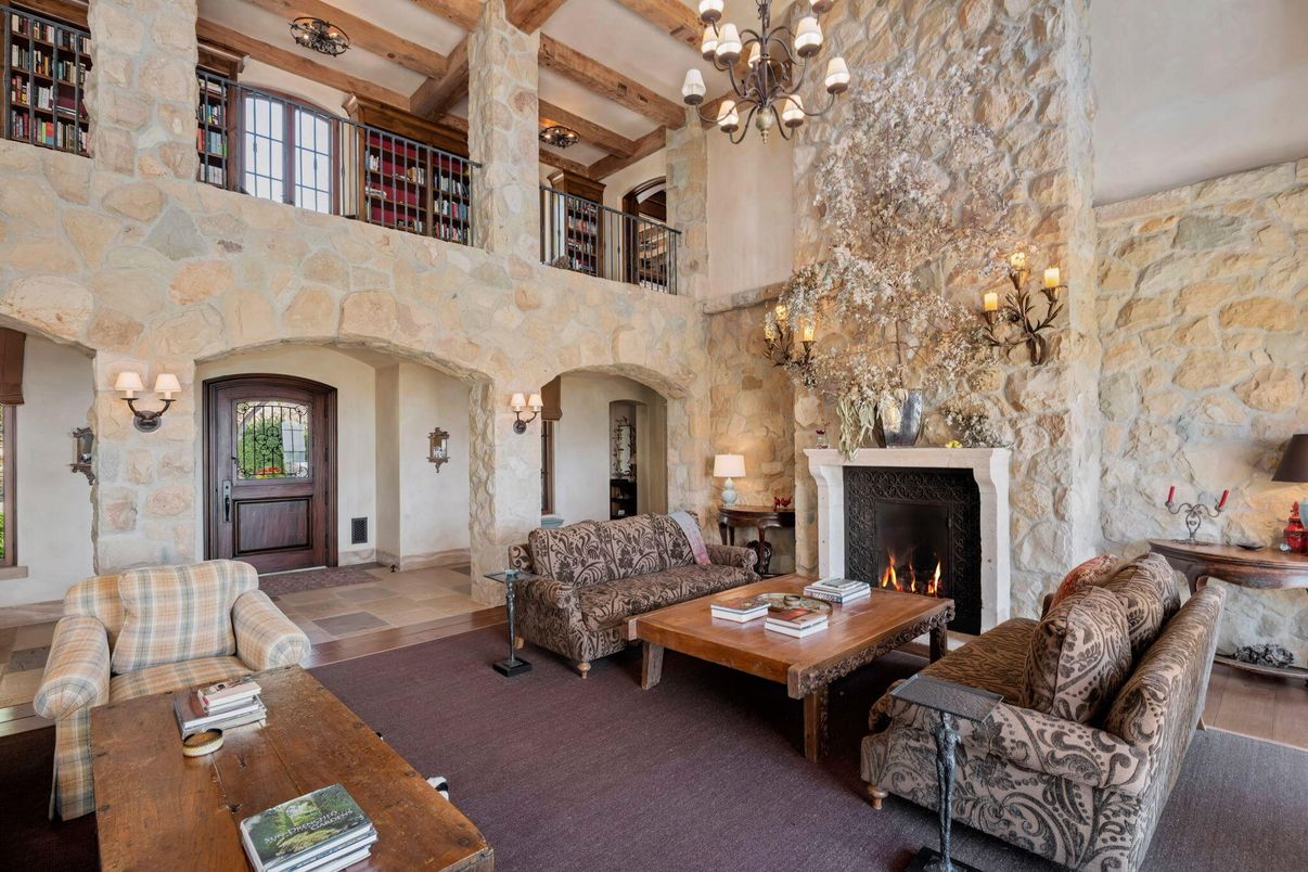 Chandelier, Fireplace, Interior, Living room, Stone Walls, Wooden Beams