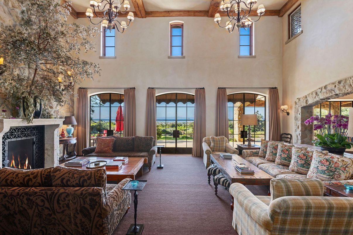 Chandelier, Fireplace, Interior, Living room, Wooden Beams