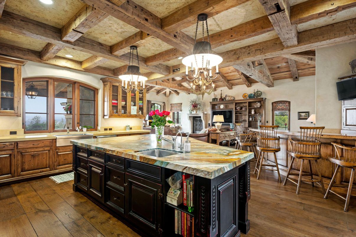 Chandelier, Interior, Kitchen, Pendant Lights, Recessed Lighting, Wooden Beams, Wooden Ceilings, Wood Texture Flooring