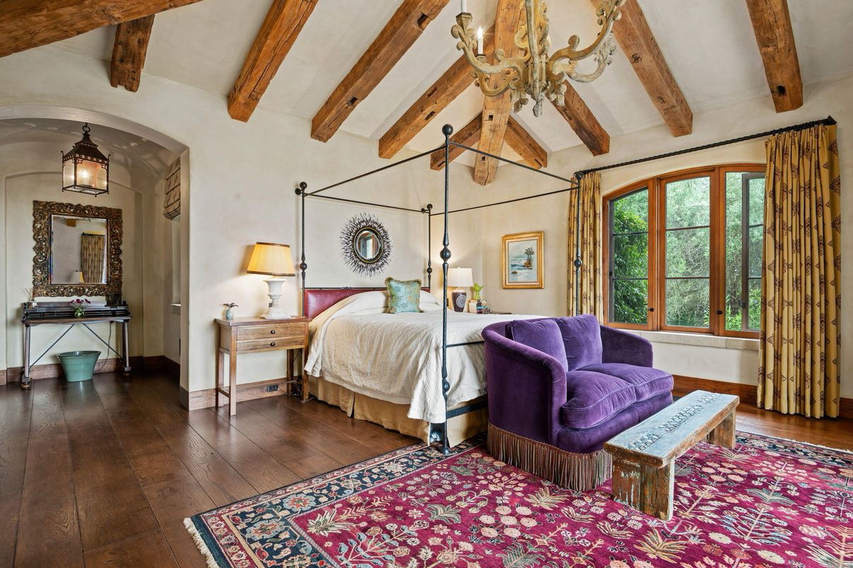 Bedroom, Chandelier, Interior, Wooden Beams, Wood Texture Flooring