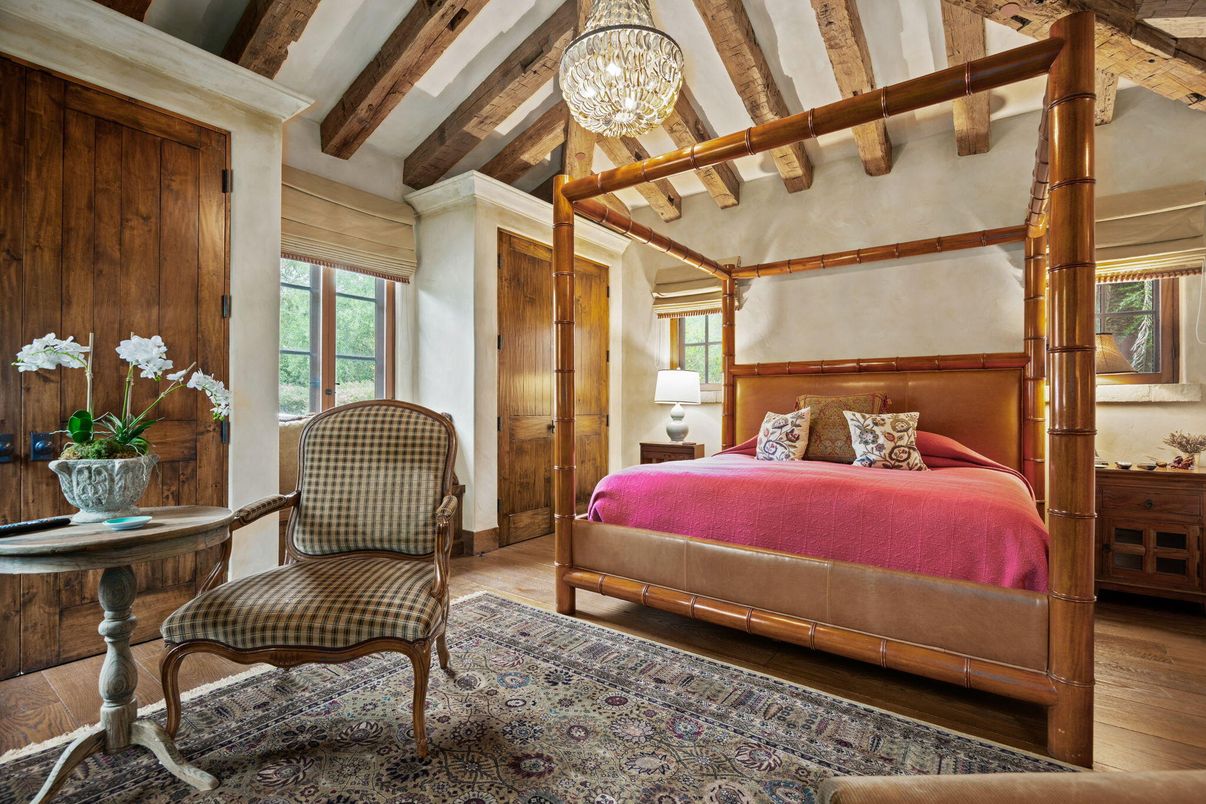 Bedroom, Chandelier, Interior, Pendant Lights, Wooden Beams, Wood Texture Flooring