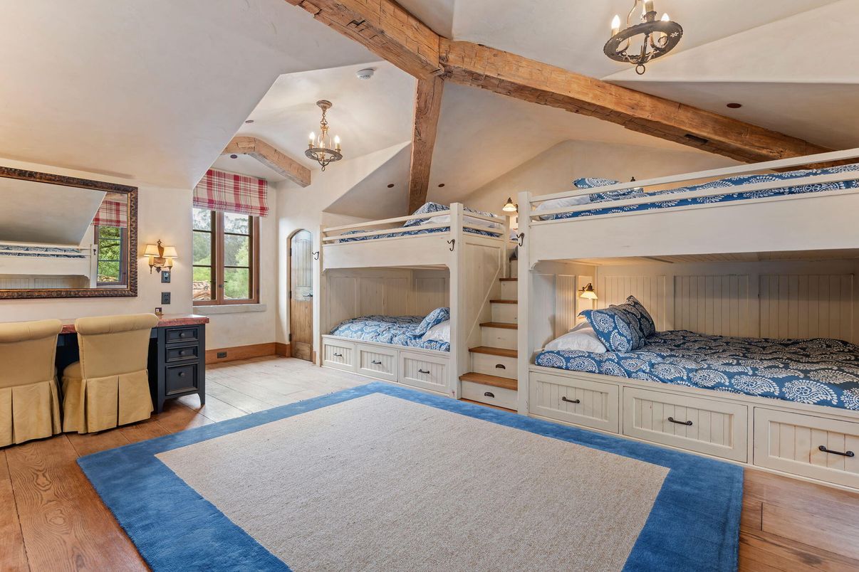 Bedroom, Chandelier, Interior, Wooden Beams, Wood Texture Flooring
