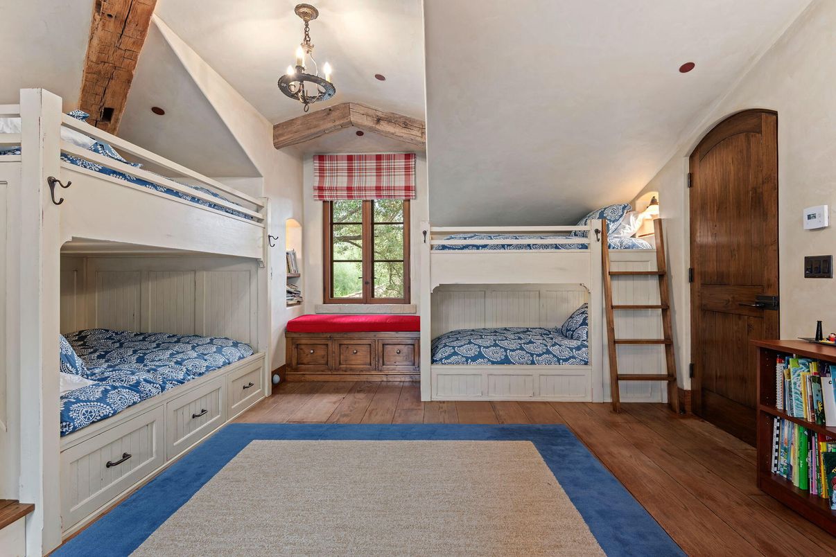 Bedroom, Chandelier, Interior, Wooden Beams, Wood Texture Flooring