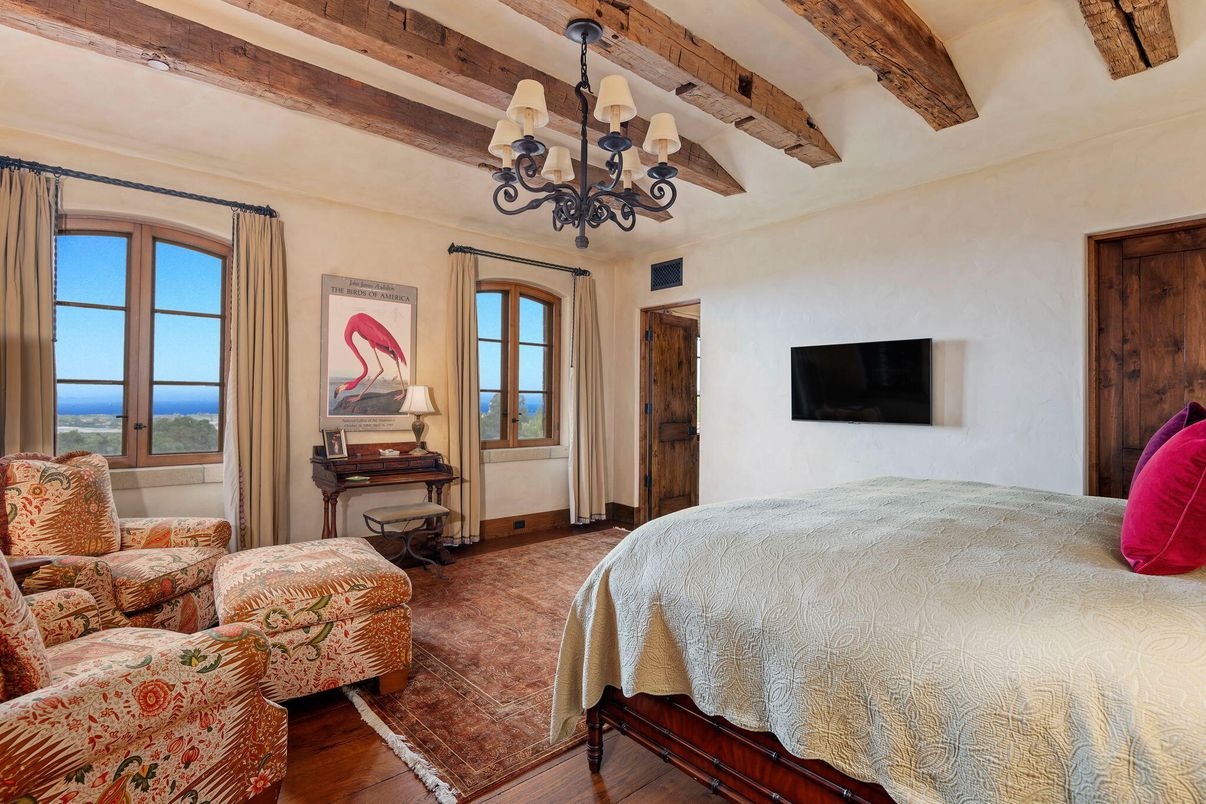 Bedroom, Chandelier, Interior, Water, Wooden Beams, Wood Texture Flooring