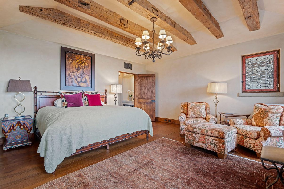 Bedroom, Chandelier, Interior, Wooden Beams, Wood Texture Flooring