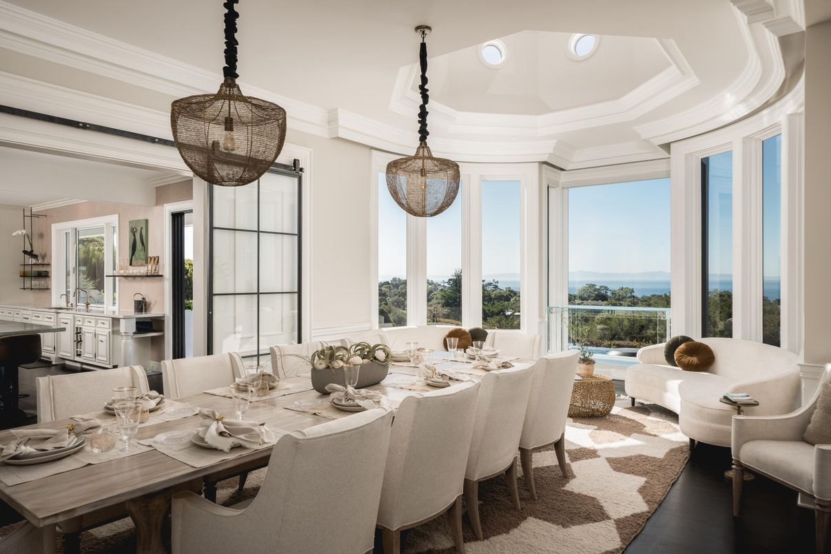 Dining room, Interior, Pendant Lights, Recessed Lighting, Water, Wood Texture Flooring