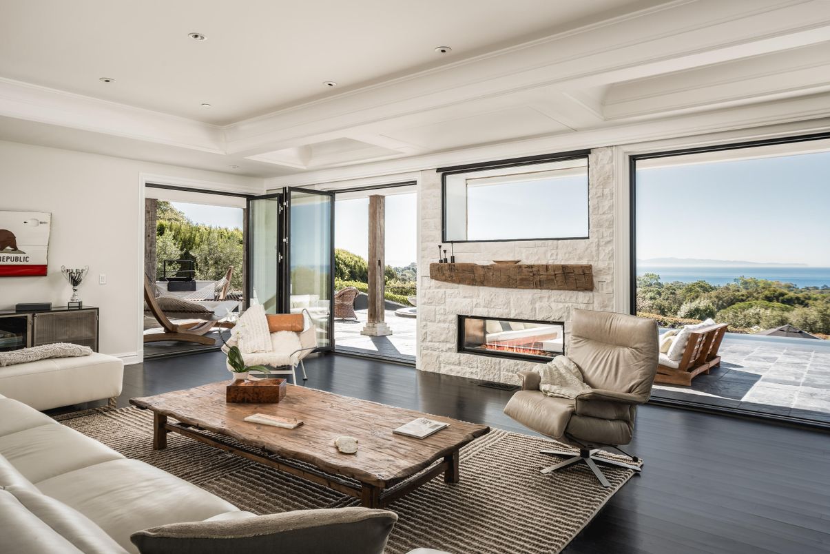 Fireplace, Interior, Living room, Recessed Lighting, Water, Wood Texture Flooring