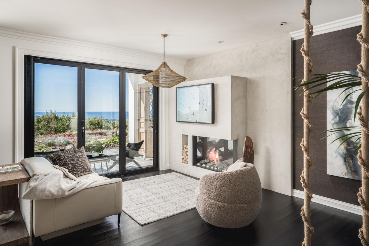 Fireplace, Interior, Living room, Pendant Lights, Recessed Lighting, Water, Wood Texture Flooring