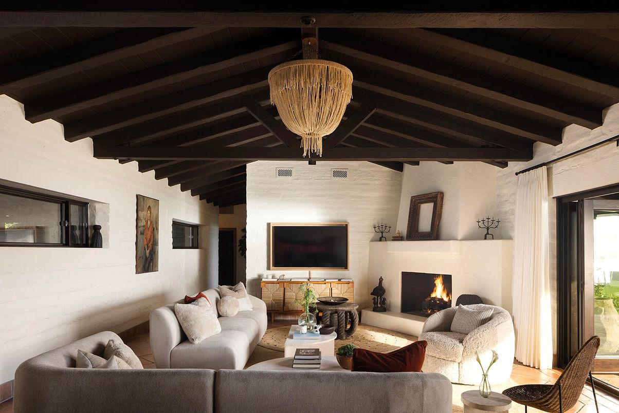 Chandelier, Fireplace, Interior, Living room, Wooden Beams, Wooden Ceilings, Wood Texture Flooring
