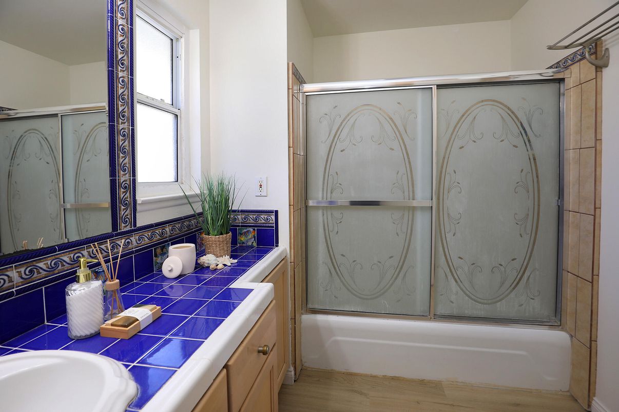 Bathroom, Interior, Tile Countertops, Wood Texture Flooring