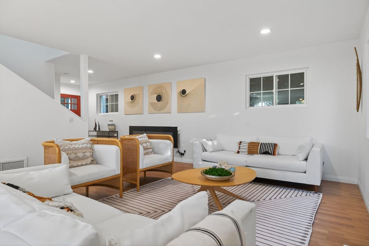 Fireplace, Interior, Living room, Recessed Lighting, Wood Texture Flooring