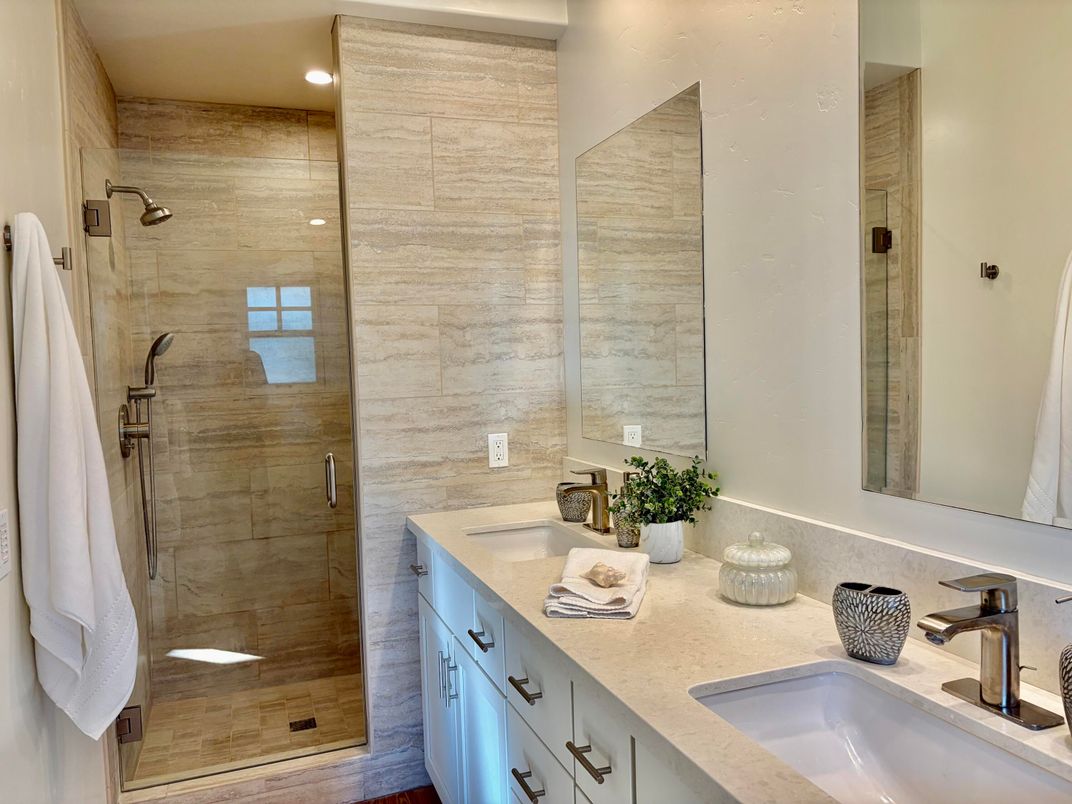 Bathroom, Dual Sink Vanities, Glass Shower, Interior, Recessed Lighting