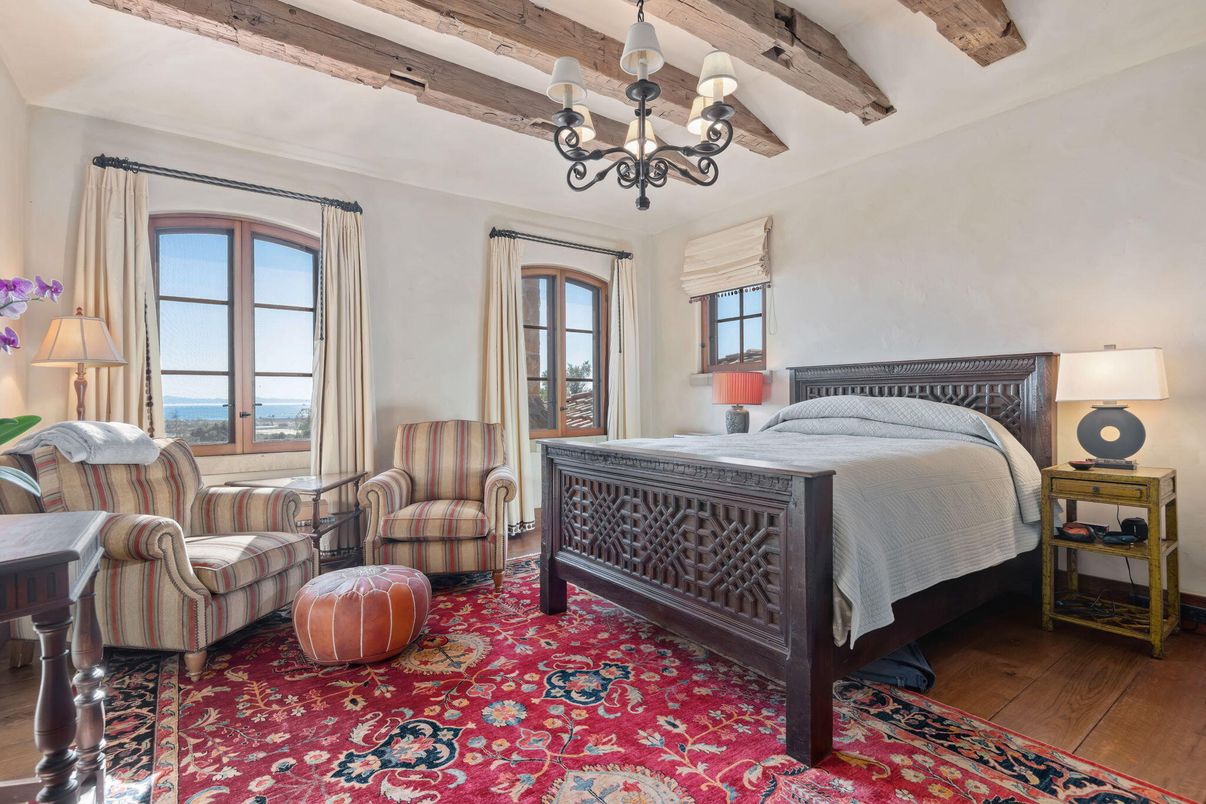 Bedroom, Chandelier, Interior, Water, Wooden Beams, Wood Texture Flooring
