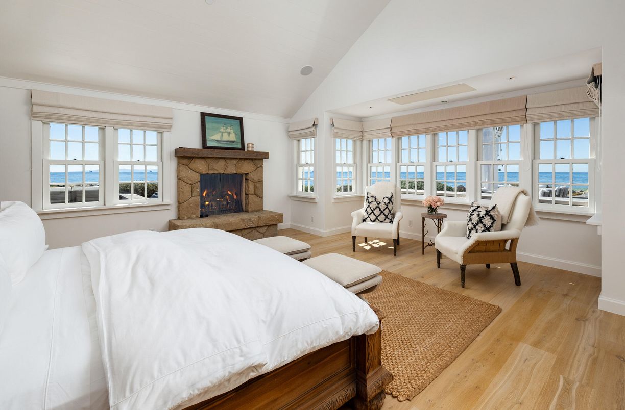 Bedroom, Fireplace, Interior, Recessed Lighting, Water, Wood Texture Flooring